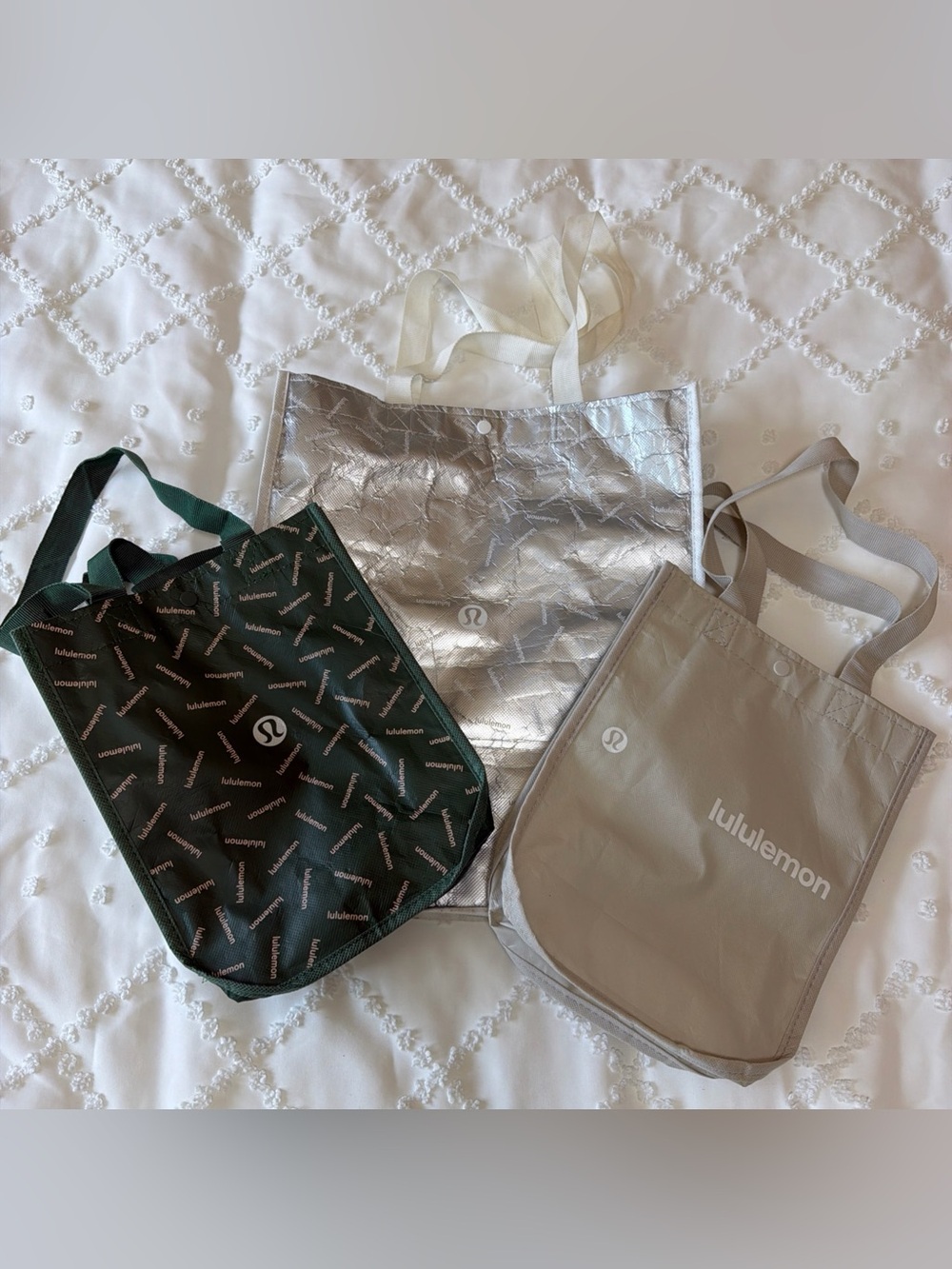 Lululemon Set Reusable Shopping Gift Bag 2 Sm 1 Lg Yoga Lunch Totes Motivational